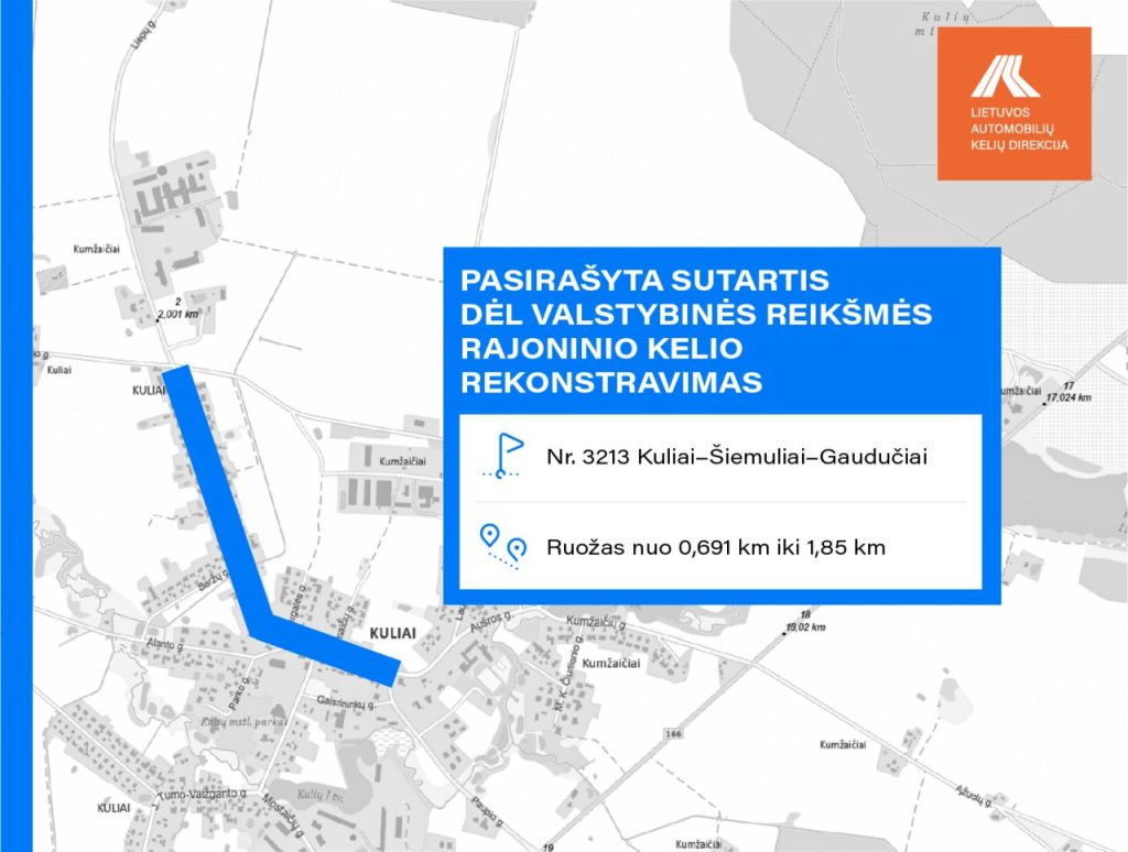 Rekonstrukcija bus vykdoma Rajoninio kelio Nr. 3213 Kuliai–Šiemuliai–Gaudučiai ruože nuo 0,691 iki 1,850 km