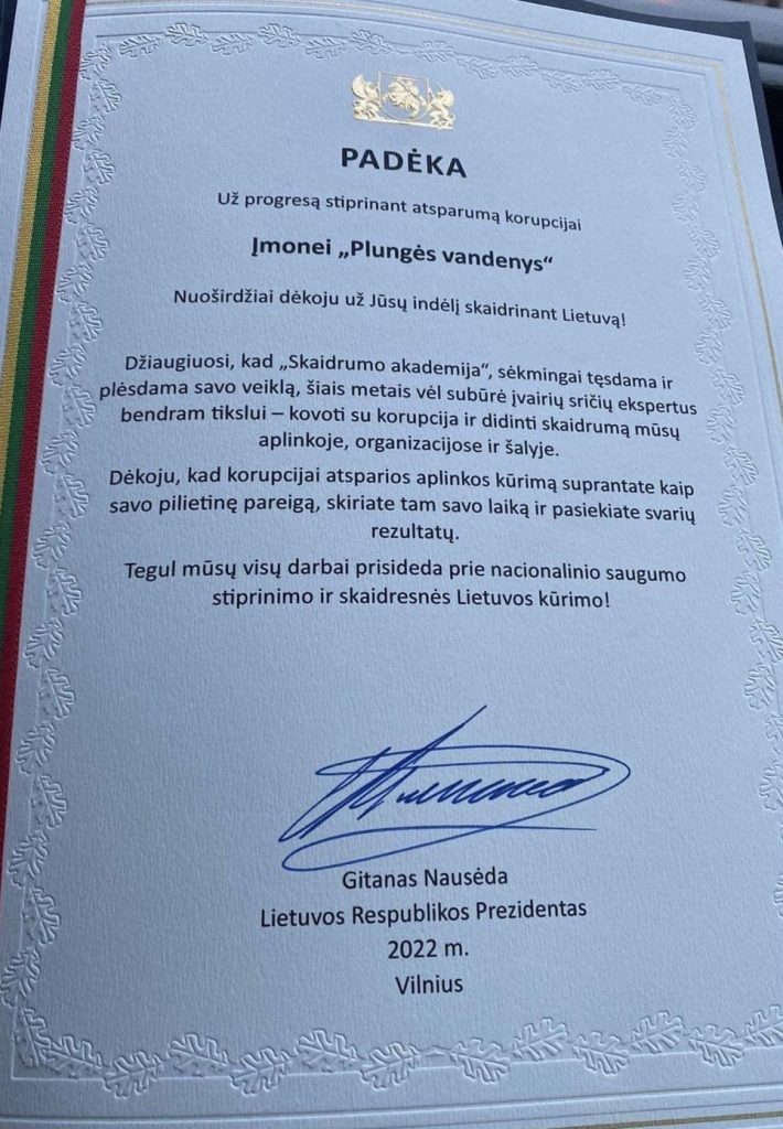 Nominacijoje „Už progresą stiprinant atsparumą korupcijai“ Prezidento padėkomis apdovanoti UAB „Plungės vandenys“