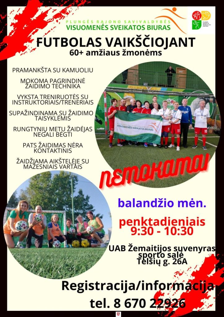 Plungės rajono savivaldybės visuomenės sveikatos biuras organizuoja nemokamus užsiėmimus vyresnio amžiaus (60+) žmonėms. Futbolas vaikščiojant